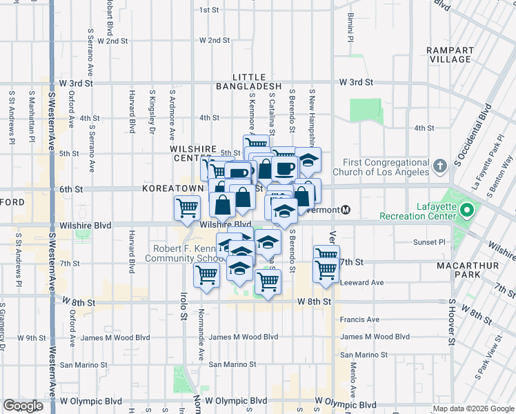 map of restaurants, bars, coffee shops, grocery stores, and more near 630 South Kenmore Avenue in Los Angeles