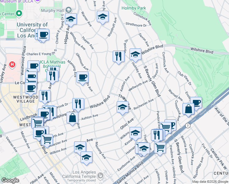 map of restaurants, bars, coffee shops, grocery stores, and more near 10550 Wilshire Boulevard in Los Angeles
