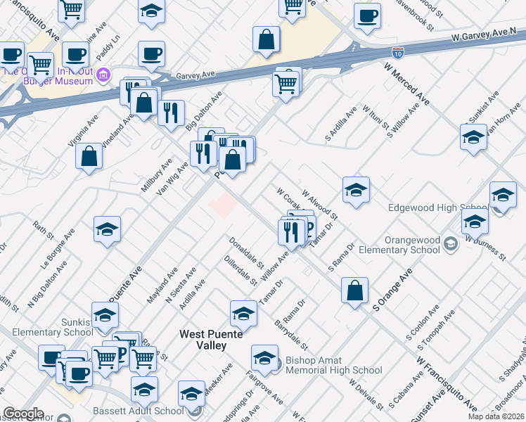 map of restaurants, bars, coffee shops, grocery stores, and more near 2245 West Francisquito Avenue in West Covina