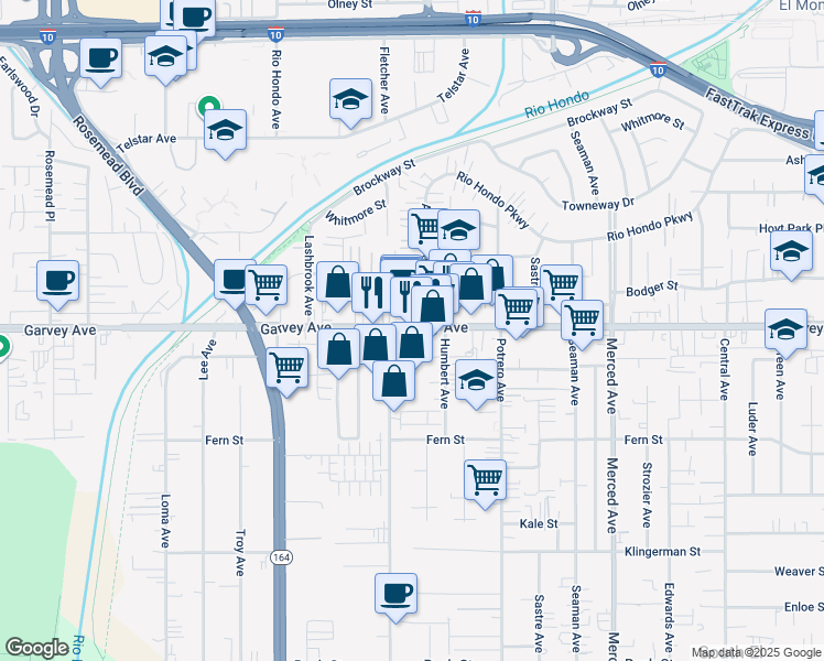 map of restaurants, bars, coffee shops, grocery stores, and more near 1/2 Garvey Avenue in El Monte