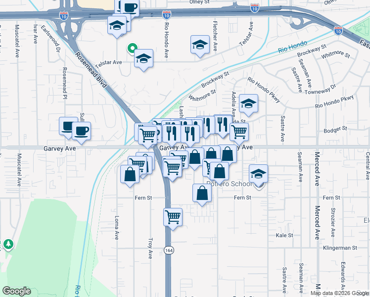 map of restaurants, bars, coffee shops, grocery stores, and more near in El Monte