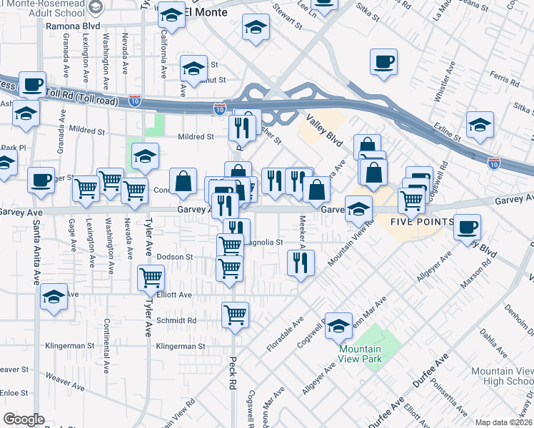 map of restaurants, bars, coffee shops, grocery stores, and more near 11400 Garvey Avenue in El Monte