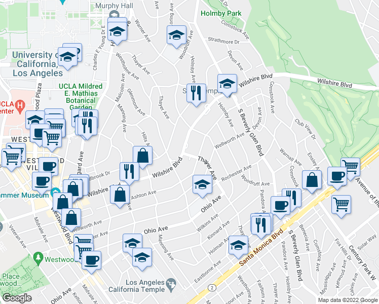 map of restaurants, bars, coffee shops, grocery stores, and more near 10560 Wilshire Boulevard in Los Angeles