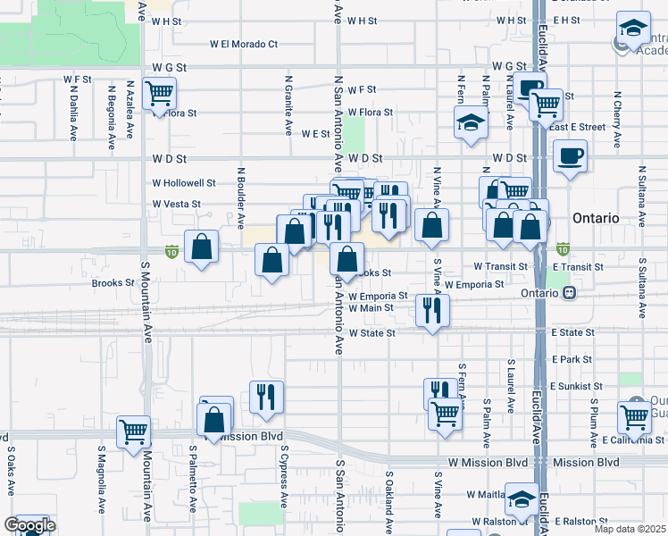 map of restaurants, bars, coffee shops, grocery stores, and more near 141 South Cypress Avenue in Ontario