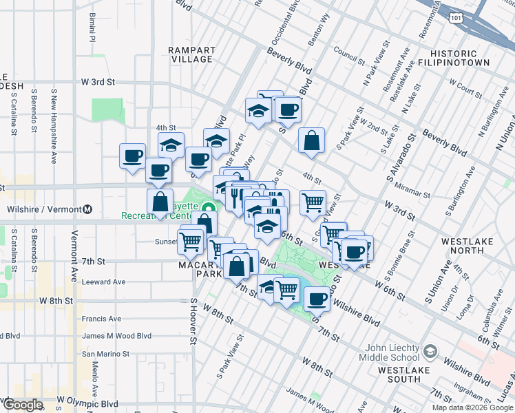 map of restaurants, bars, coffee shops, grocery stores, and more near in Los Angeles
