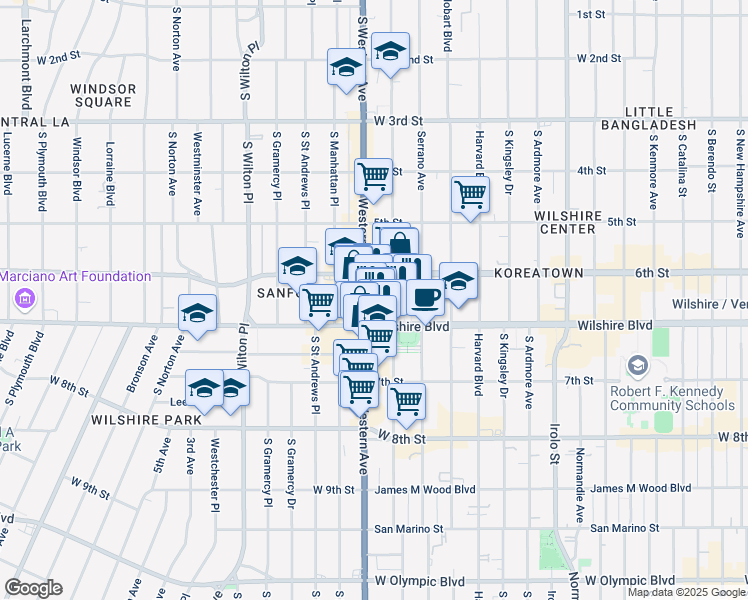 map of restaurants, bars, coffee shops, grocery stores, and more near 3785 Wilshire Boulevard in Los Angeles