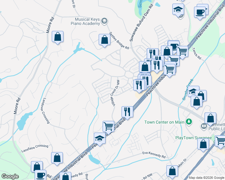 map of restaurants, bars, coffee shops, grocery stores, and more near 769 Village Crest Drive Northwest in Suwanee
