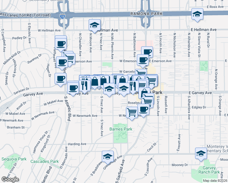 map of restaurants, bars, coffee shops, grocery stores, and more near 365 West Garvey Avenue in Monterey Park