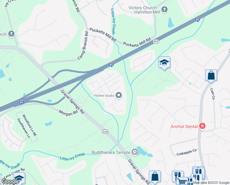 map of restaurants, bars, coffee shops, grocery stores, and more near 2360 Morgan Farm Drive in Buford