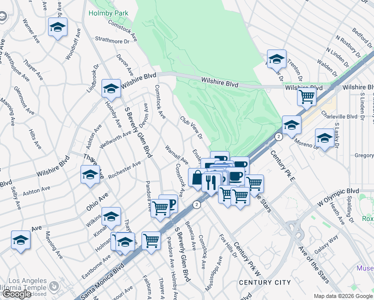 map of restaurants, bars, coffee shops, grocery stores, and more near 1520 Comstock Avenue in Los Angeles