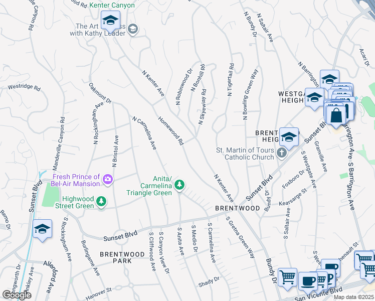 map of restaurants, bars, coffee shops, grocery stores, and more near 280 Homewood Road in Los Angeles