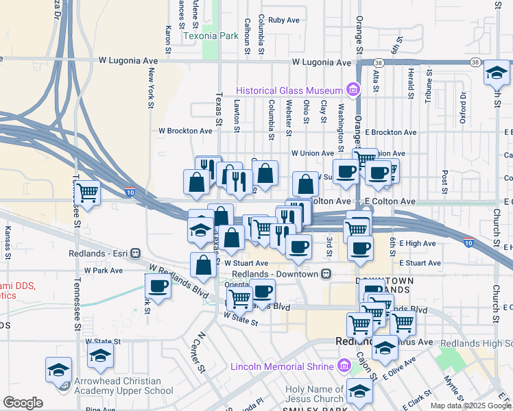 map of restaurants, bars, coffee shops, grocery stores, and more near 601 West Colton Avenue in Redlands