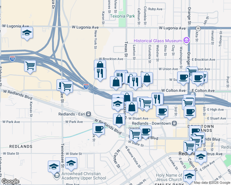 map of restaurants, bars, coffee shops, grocery stores, and more near 701 Texas Street in Redlands