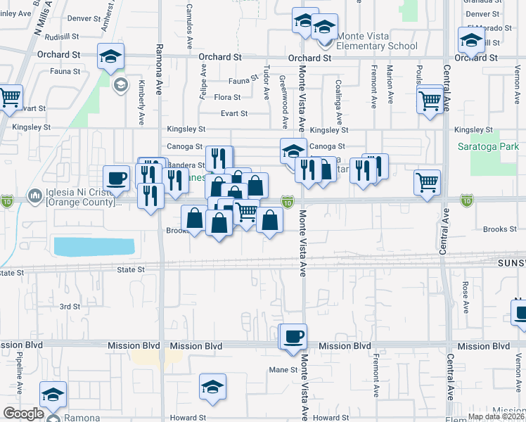 map of restaurants, bars, coffee shops, grocery stores, and more near 4795 Holt Boulevard in Montclair