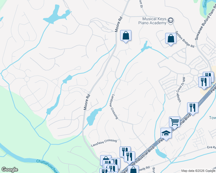 map of restaurants, bars, coffee shops, grocery stores, and more near 4479 Heathfield Trce Northwest in Suwanee