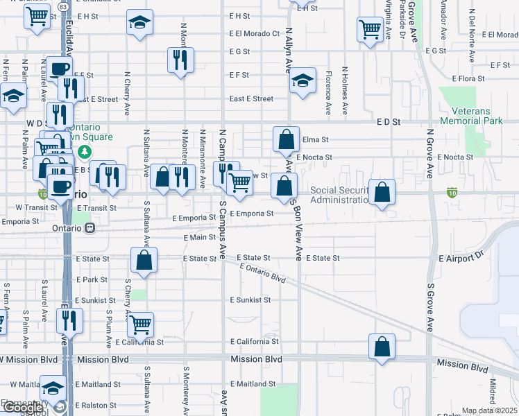 map of restaurants, bars, coffee shops, grocery stores, and more near 767 East Emporia Street in Ontario