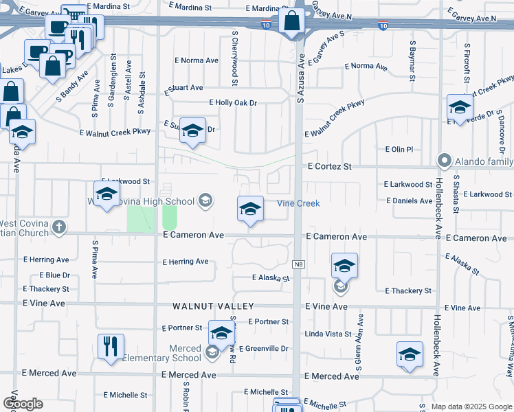 map of restaurants, bars, coffee shops, grocery stores, and more near 1646 East Mobeck Street in West Covina