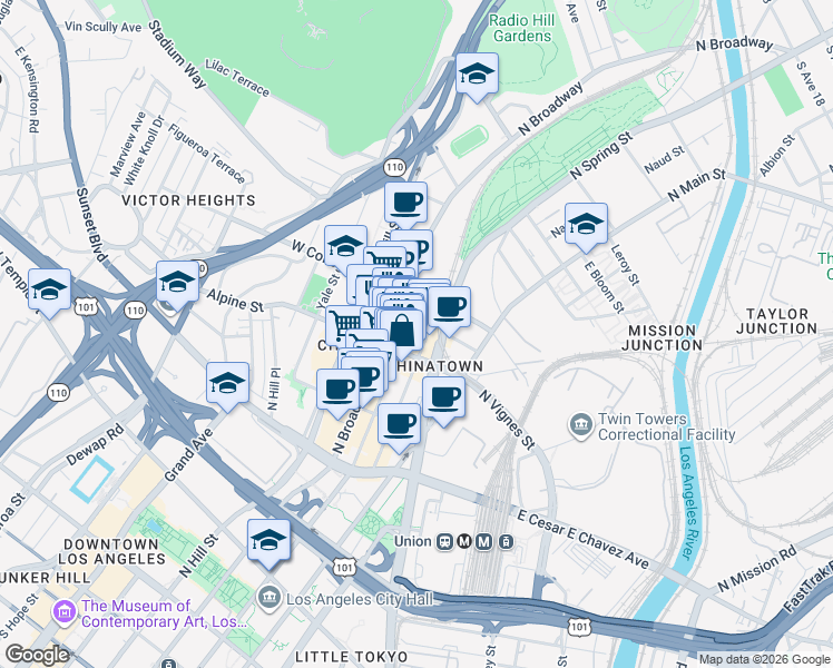map of restaurants, bars, coffee shops, grocery stores, and more near 214 Alpine Street in Los Angeles