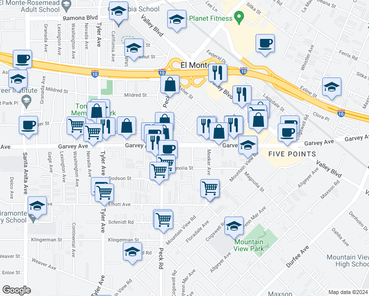 map of restaurants, bars, coffee shops, grocery stores, and more near 11418 Garvey Avenue in El Monte