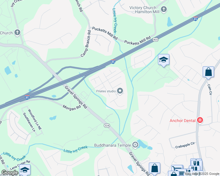 map of restaurants, bars, coffee shops, grocery stores, and more near 2430 Morgan Farm Drive in Buford