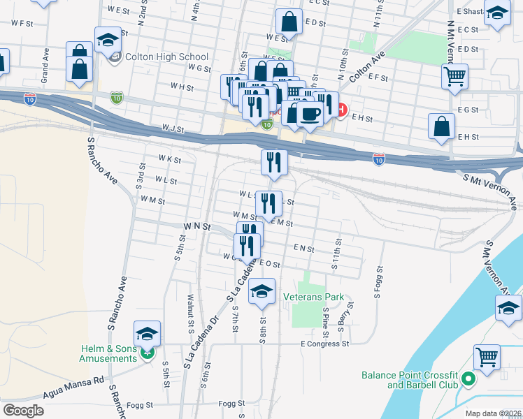 map of restaurants, bars, coffee shops, grocery stores, and more near 253 South La Cadena Drive in Colton