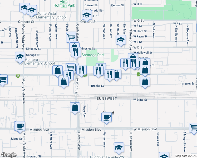 map of restaurants, bars, coffee shops, grocery stores, and more near 5490 Brooks Street in Montclair
