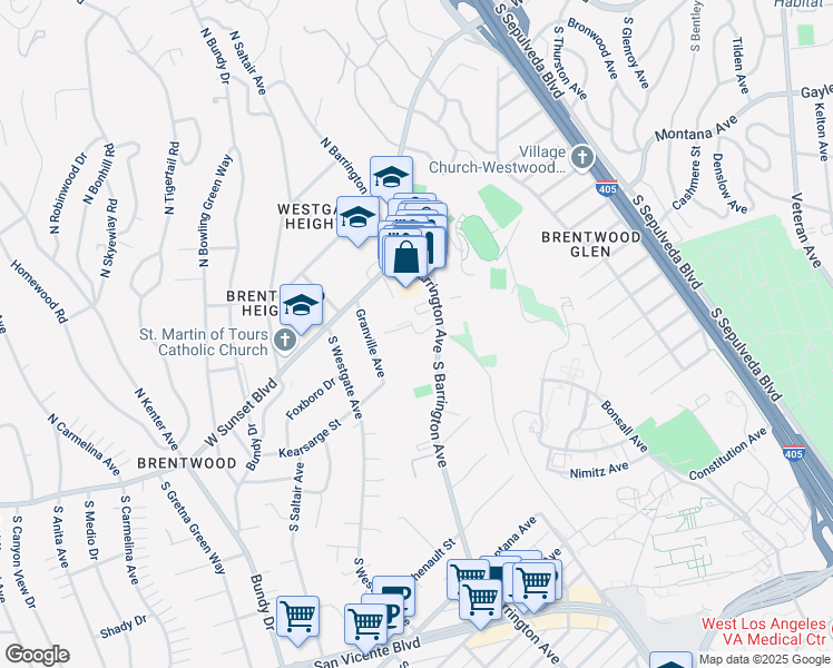 map of restaurants, bars, coffee shops, grocery stores, and more near 255 South Barrington Avenue in Los Angeles