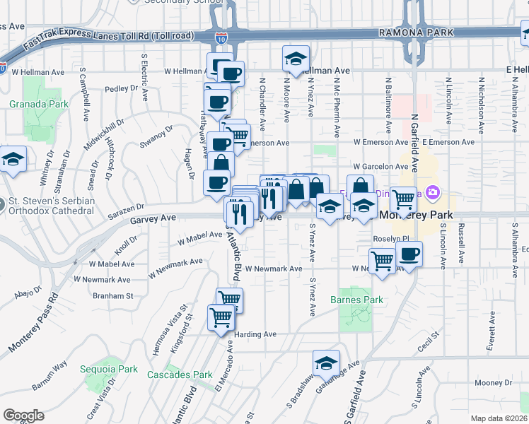 map of restaurants, bars, coffee shops, grocery stores, and more near 623 North Chandler Avenue in Monterey Park