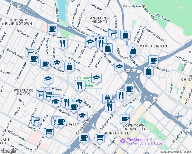 map of restaurants, bars, coffee shops, grocery stores, and more near 200 North Bixel Street in Los Angeles