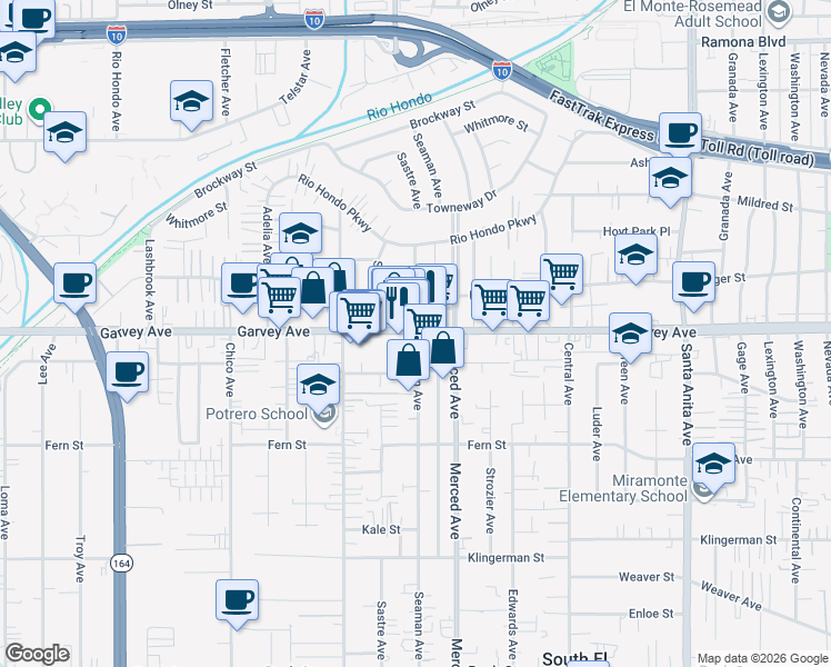 map of restaurants, bars, coffee shops, grocery stores, and more near Garvey Ave & Seaman Ave in El Monte