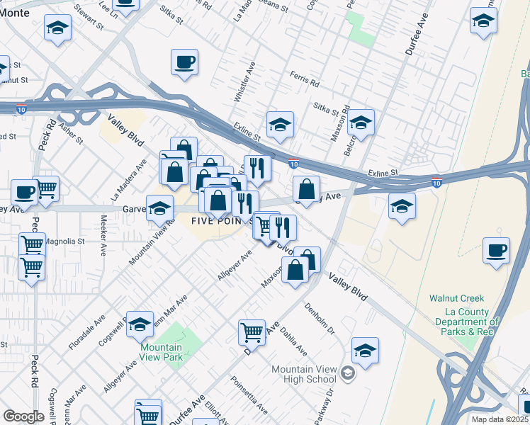 map of restaurants, bars, coffee shops, grocery stores, and more near 12087 Valley Boulevard in El Monte