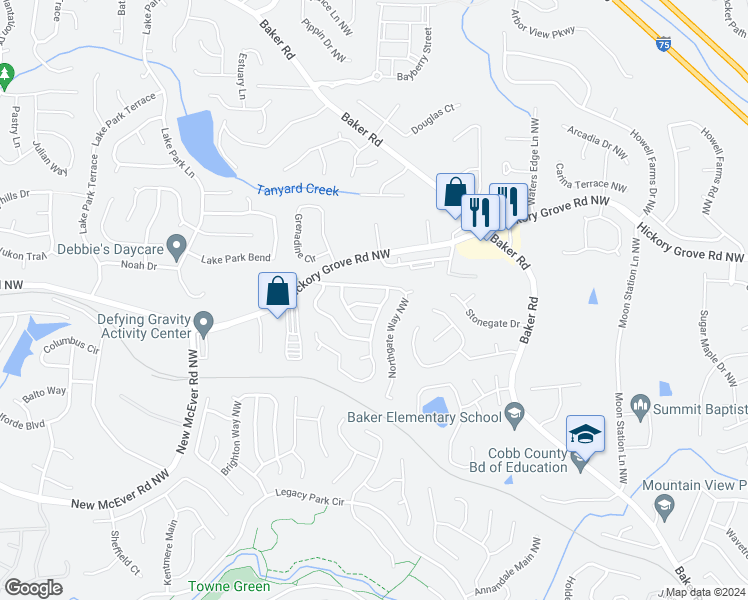 map of restaurants, bars, coffee shops, grocery stores, and more near 2701 Chadwick Lane Northwest in Acworth