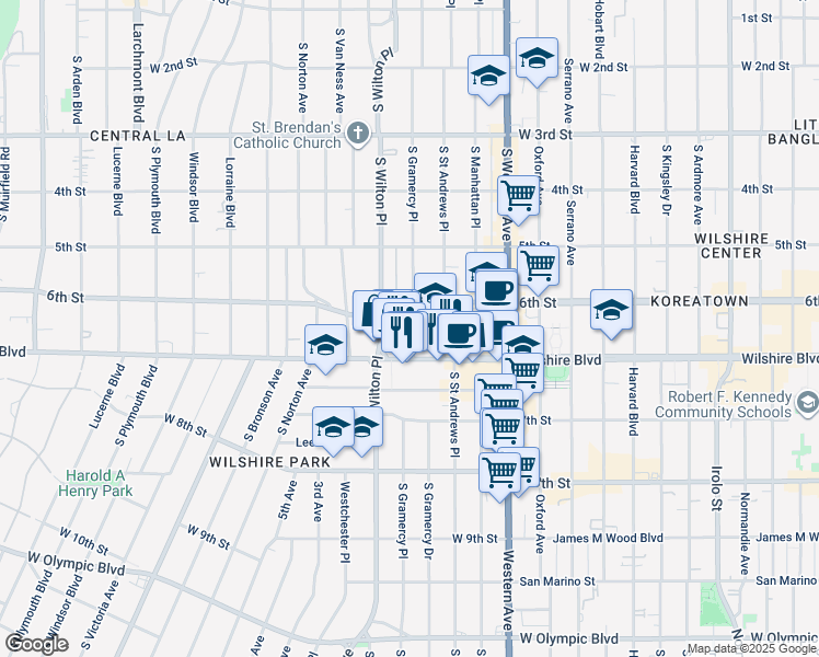 map of restaurants, bars, coffee shops, grocery stores, and more near 3921 Wilshire Boulevard in Los Angeles