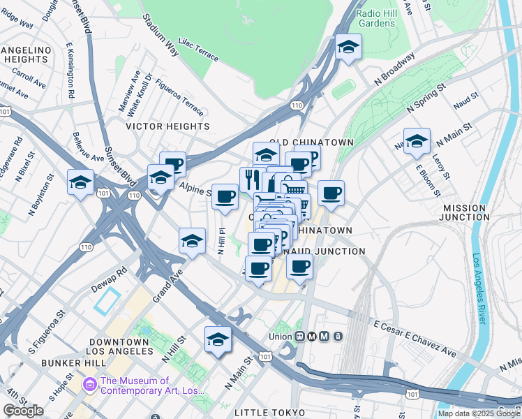 map of restaurants, bars, coffee shops, grocery stores, and more near 767 North Hill Street in Los Angeles