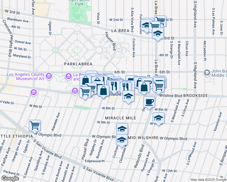 map of restaurants, bars, coffee shops, grocery stores, and more near 5550 Wilshire Boulevard in Los Angeles
