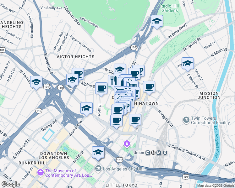 map of restaurants, bars, coffee shops, grocery stores, and more near 767 North Hill Street in Los Angeles