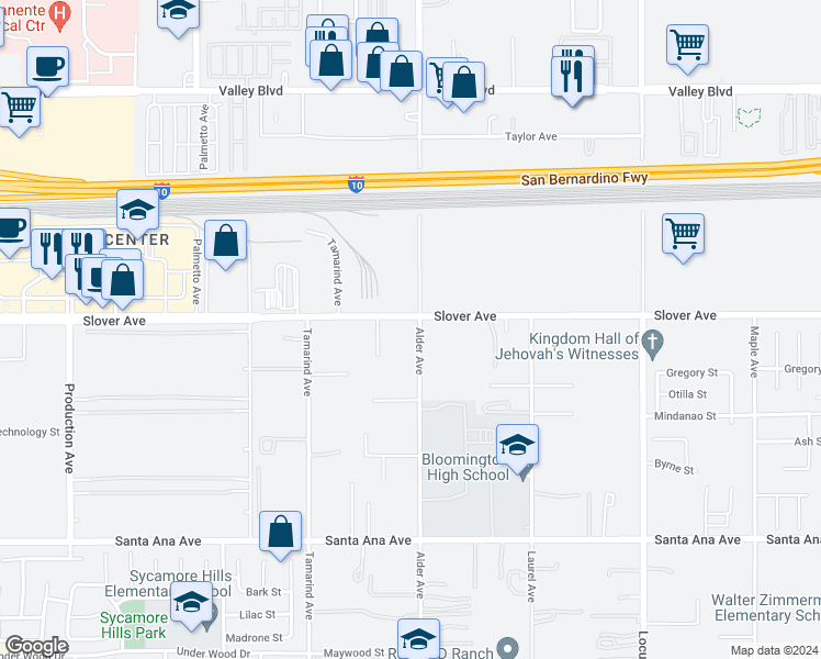 map of restaurants, bars, coffee shops, grocery stores, and more near 17693 Slover Avenue in Bloomington