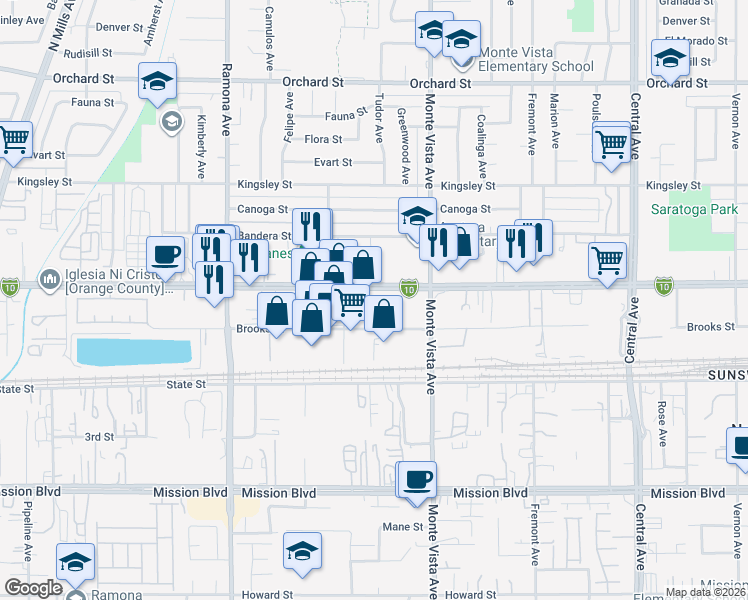 map of restaurants, bars, coffee shops, grocery stores, and more near 4795 Holt Boulevard in Montclair