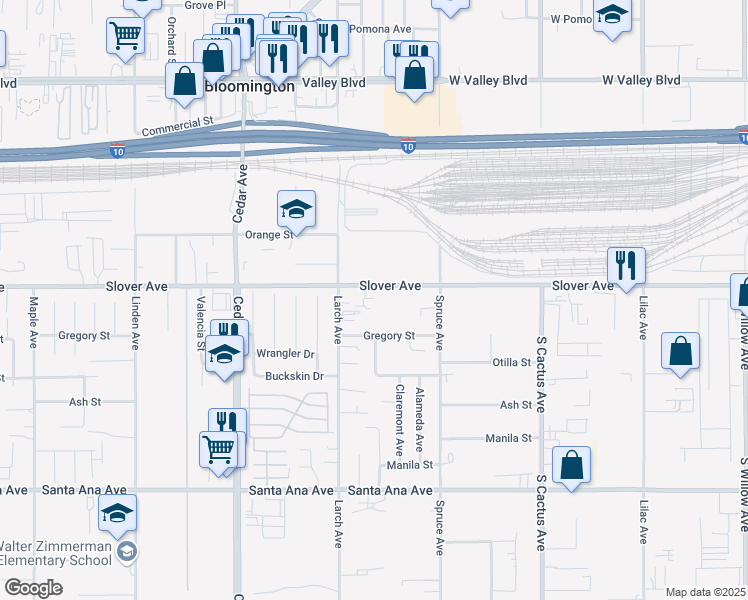 map of restaurants, bars, coffee shops, grocery stores, and more near 18963 Slover Avenue in Bloomington