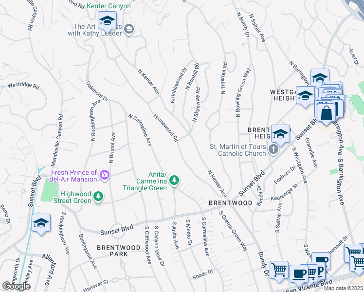 map of restaurants, bars, coffee shops, grocery stores, and more near 280 Homewood Road in Los Angeles