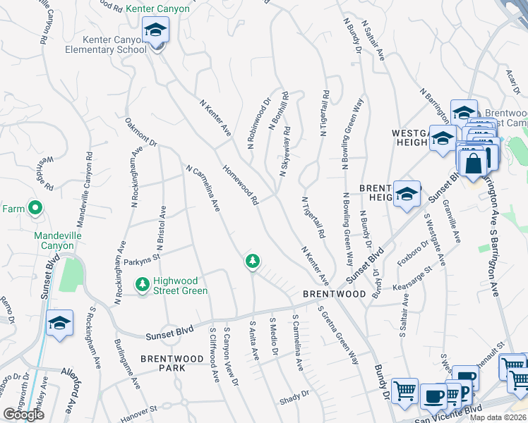 map of restaurants, bars, coffee shops, grocery stores, and more near 250 Homewood Road in Los Angeles