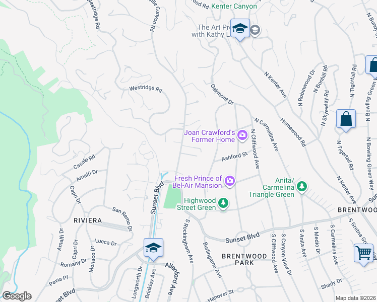 map of restaurants, bars, coffee shops, grocery stores, and more near 1652 Mandeville Canyon Road in Los Angeles
