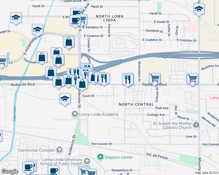 map of restaurants, bars, coffee shops, grocery stores, and more near 25101 Redlands Boulevard in Loma Linda