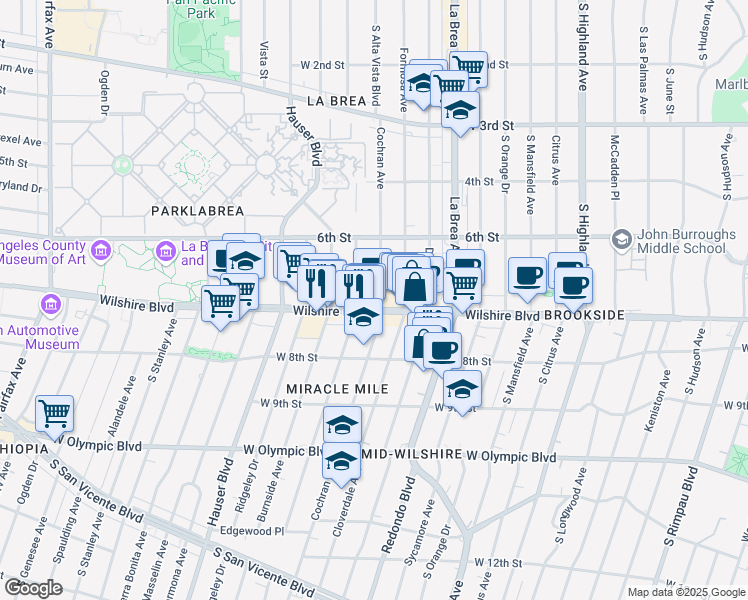map of restaurants, bars, coffee shops, grocery stores, and more near 5410 Wilshire Boulevard in Los Angeles