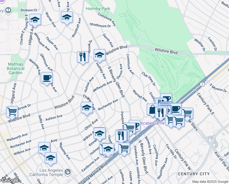 map of restaurants, bars, coffee shops, grocery stores, and more near 1342 Holmby Avenue in Los Angeles