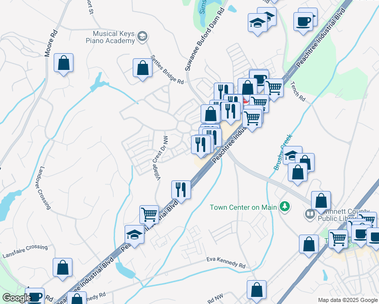 map of restaurants, bars, coffee shops, grocery stores, and more near 726 Village Field Court Northwest in Suwanee
