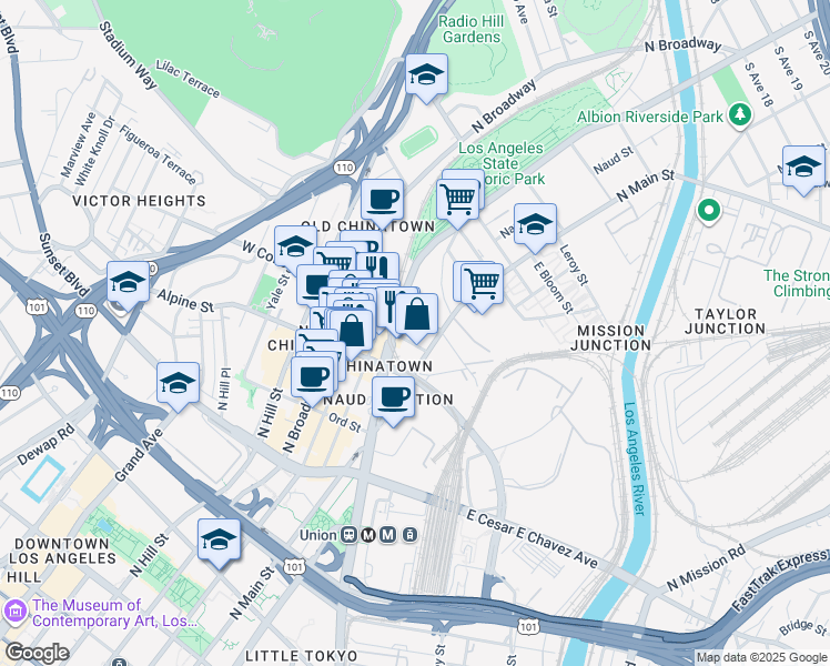 map of restaurants, bars, coffee shops, grocery stores, and more near 950 North Main Street in Los Angeles