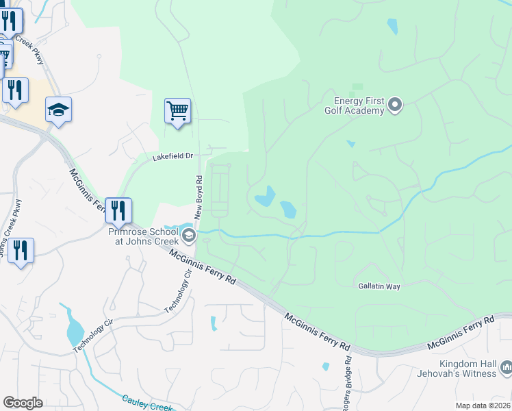 map of restaurants, bars, coffee shops, grocery stores, and more near 7675 Fox Court in Duluth