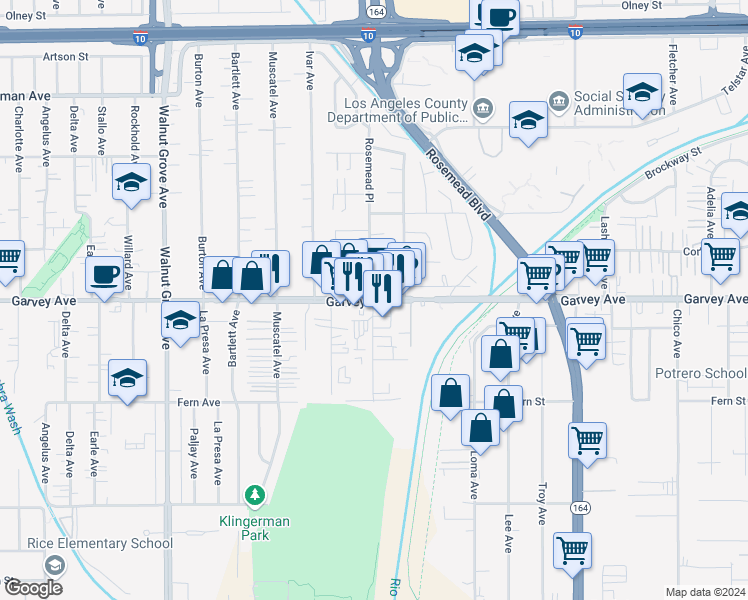 map of restaurants, bars, coffee shops, grocery stores, and more near 9040 Garvey Avenue in Rosemead
