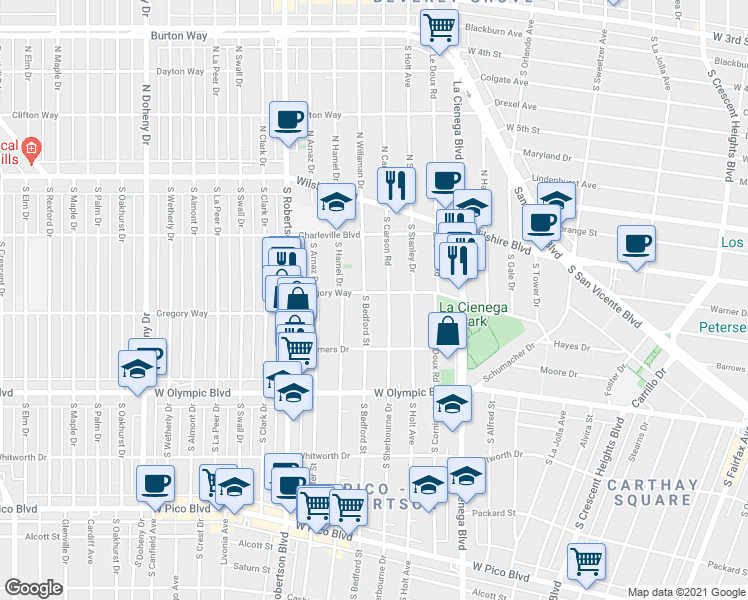map of restaurants, bars, coffee shops, grocery stores, and more near 8642 Gregory Way in Los Angeles